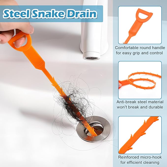 11in1 Drain Snake Set with 24 inch Magnetic Sewer Cleaning Hook, 25 Inch Sink Snake Drain Tool, 34 inch Steel Snake Drain, 59 Inch Tube Drain Brush, 18inch Cleaning Brush for Toilet, Kitchen Sink