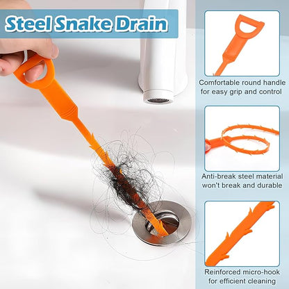 11in1 Drain Snake Set with 24 inch Magnetic Sewer Cleaning Hook, 25 Inch Sink Snake Drain Tool, 34 inch Steel Snake Drain, 59 Inch Tube Drain Brush, 18inch Cleaning Brush for Toilet, Kitchen Sink