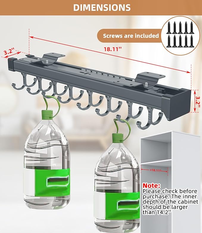 Pull Out Broom Holder, Multifunctional Slide Broom And Mop Storage/Organizer With Adjustable Double Row Sliding Hook, Garage Organization Hooks, for Closet Laundry Garage 46CM - grey - 46cm/18.11inch