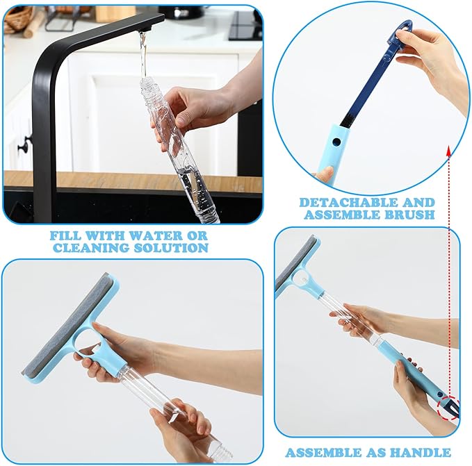 Lothee 1pcs 3 in 1 Window Squeegee, 23'' Long Handle Window Cleaning Scraper, Squeegee and Scrubber with Spray for Walls, Car Windshields, Bathrooms, Kitchens (Bule)