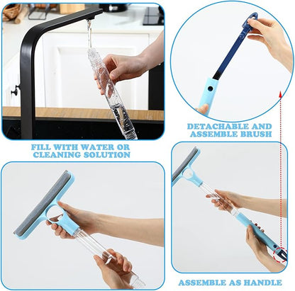 Lothee 1pcs 3 in 1 Window Squeegee, 23'' Long Handle Window Cleaning Scraper, Squeegee and Scrubber with Spray for Walls, Car Windshields, Bathrooms, Kitchens (Bule)