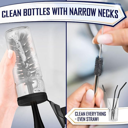 Dish Brush Set of 4 - Kitchen Scrub Brushes with Non-Slip Long Handle for Cleaning, Scrubber, Dishwashing, Dishes, Bottles, Straws, Cups, Pots & Sink, Black