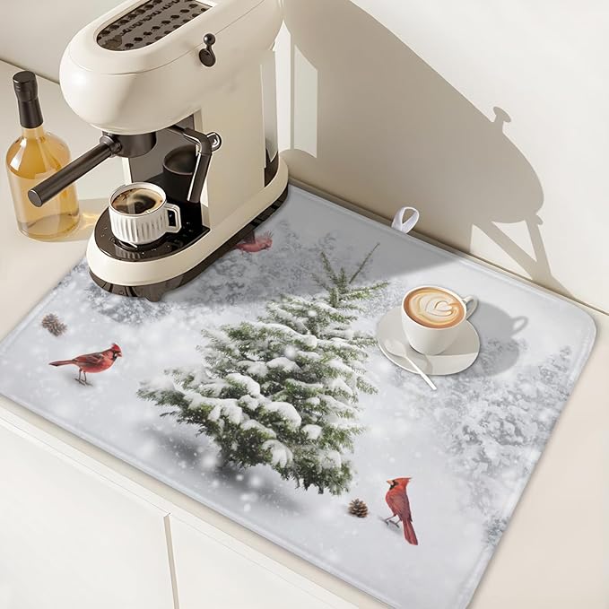 Winter Forest Dish Drying Mat for Kitchen Counter Silvery White Pine Trees Snow Snowflake Drying Mat 18x24 Inch Holiday Absorbent Dish Drainer Mat Kitchen Accessories