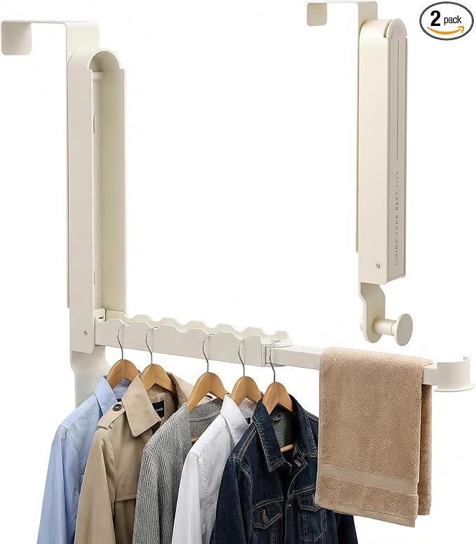 2 Pack Foldable Over The Door Drying Rack, Heavy Duty Door Hanger with Retractable Rod, Space Saving Laundry Towel Clothes Rack for Bathroom Bedroom