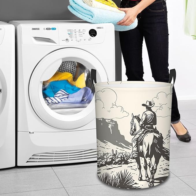 Western Cowboy Laundry Basket, Round Oxford Cloth Laundry Hamper, Waterproof Collapsible Storage Organizer Bin with Handles for Room, Nursery Home Storage, Gift for Chritsmas Thanksgiving 13.8x17.7in
