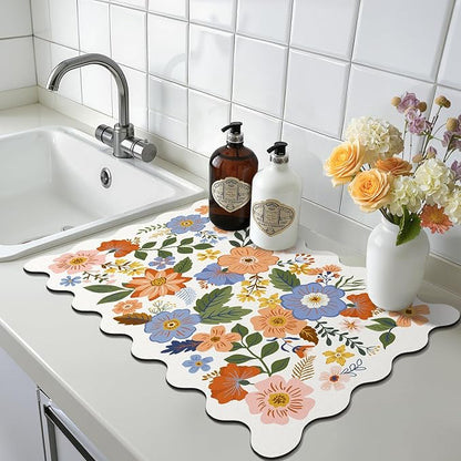 LOKHOM Scalloped Floral Dish Drying Mat, 12"x20" Super Absorbent Coffee Mat with Unique Spring Wildflowers, Cuttable Hide Stain Non-slip Drying Mat for Kitchen Counter Coffee Maker Espresso Machine