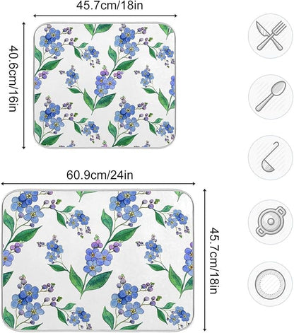 Blue Forget-me-not Flowers Dish Drying Mat for Kitchen Counter 16x18 inch Super Absorbent Drying Mat Large Dish Drying Mats for Kitchen Countertop Protector Dishes Pad