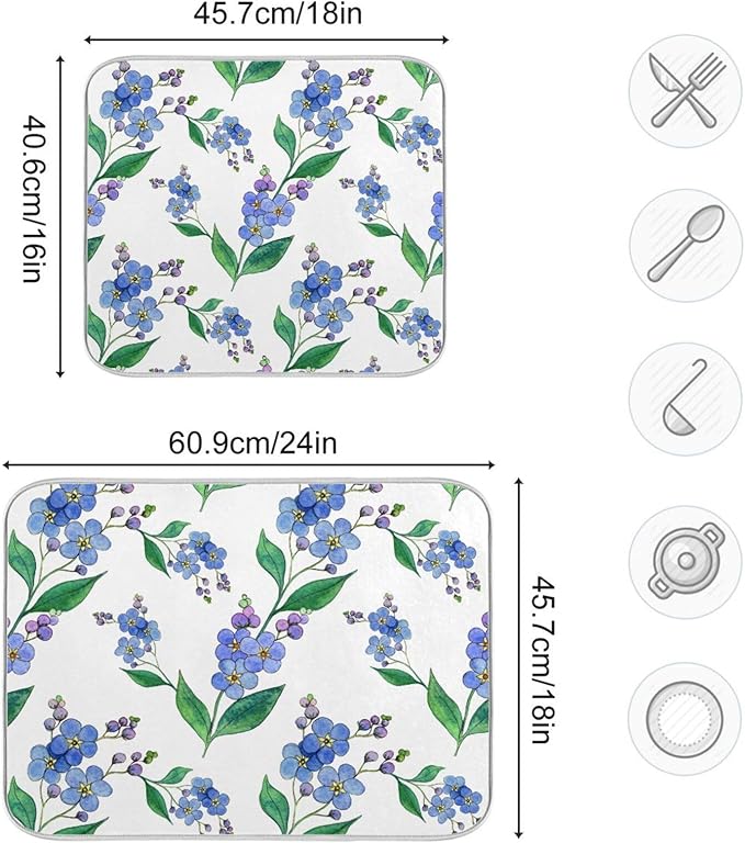 Blue Forget-me-not Flowers Dish Drying Mat for Kitchen Counter 18x24 inch Super Absorbent Drying Mat Large Dish Drying Mats for Kitchen Countertop Protector Dishes Pad