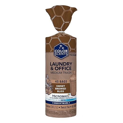 Color Scents Medium Trash Bags - 8 Gallon, 45 Bags (1 Pack of 45 Bags) Twist Tie - Mocha Mousse in Sweet Brewed Bliss Scent with Microban