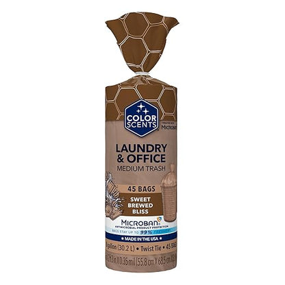 Color Scents Medium Trash Bags - 8 Gallon, 45 Bags (1 Pack of 45 Bags) Twist Tie - Mocha Mousse in Sweet Brewed Bliss Scent with Microban