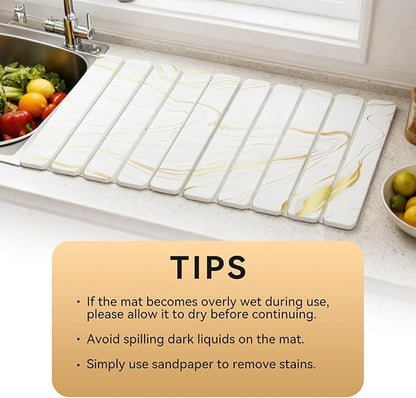 Stone Drying Mat for Kitchen Counter, 24"×16" White Marble Quick Dish Drying Mat with Sanding Pads Non-Slip Roll Up Absorbent Diatomaceous Earth Mat for Countertop, Tableware, Cups
