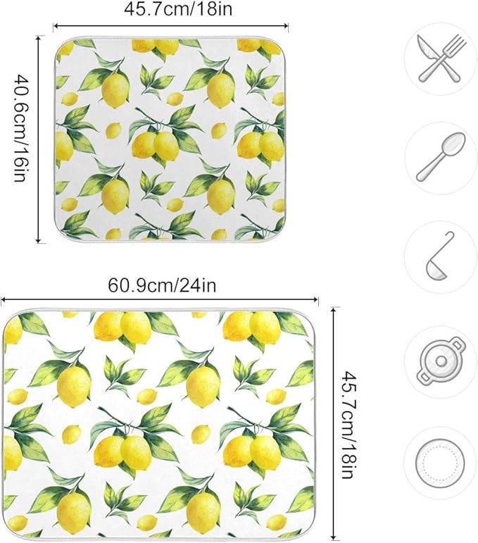 Tropical Lemon Leaves Dish Drying Mat 18x24 for Kitchen Lemon Yellow Lime Tree Dishes Pad Dish Drainer Rack Mats Absorbent Fast Dry Kitchen Accessories