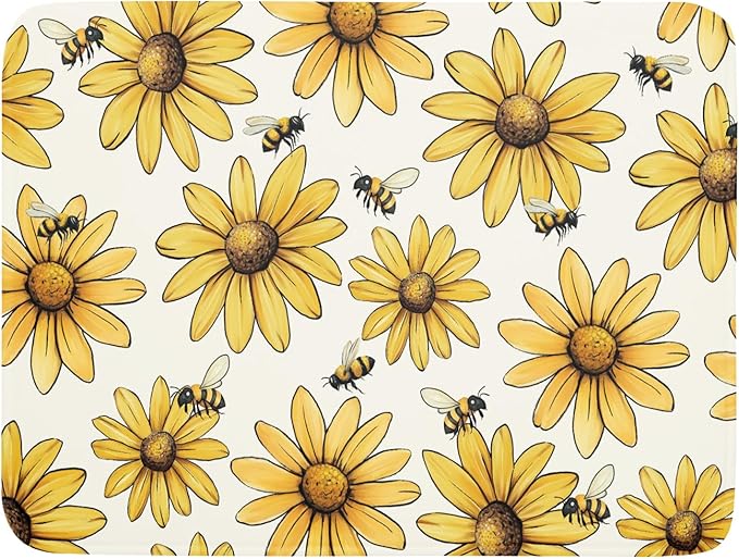Spring Summer Dish Drying Mat of Kitchen Counter 18×24 Inch Floral Drainer Pad Sunflower Bee Dish Rack Pad Drainer Mat Washable Absorbent Reversible Microfiber for Coffee Bar