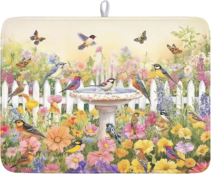 Spring Summer Floral Birds Dish Drying Mat for Kitchen Counter Colorful Garden Pattern Drying Mat 18x24 Inch Rustic Farmhouse Absorbent Dish Drainer Mat Kitchen Accessories