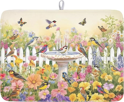 Spring Summer Floral Birds Dish Drying Mat for Kitchen Counter Colorful Garden Pattern Drying Mat 18x24 Inch Rustic Farmhouse Absorbent Dish Drainer Mat Kitchen Accessories