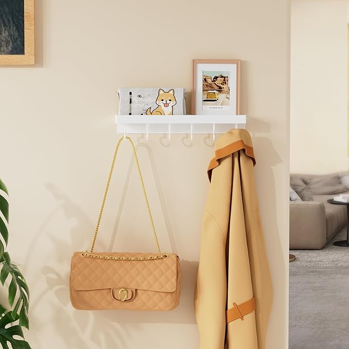 niffgaff White Key Holder Wall Mount, Stainless Steel Self Adhesive Hooks Rack with Shelf, No Drill Key Hanger for Door and Wall