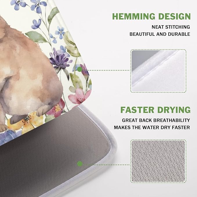 Easter Bunny Dish Drying Mat 16 x 18 Inch Rabbit Dish Drainer Rack Mat Colorful Floral Mat Absorbent Microfiber for Holiday Kitchen Coffee Dining Bar Decor