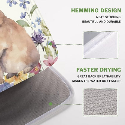 Easter Bunny Dish Drying Mat 16 x 18 Inch Rabbit Dish Drainer Rack Mat Colorful Floral Mat Absorbent Microfiber for Holiday Kitchen Coffee Dining Bar Decor
