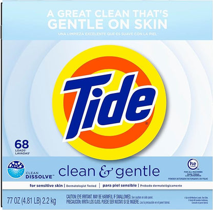 Tide Clean and Gentle Powder Laundry Detergent, Unscented, 68 Loads, 77 oz