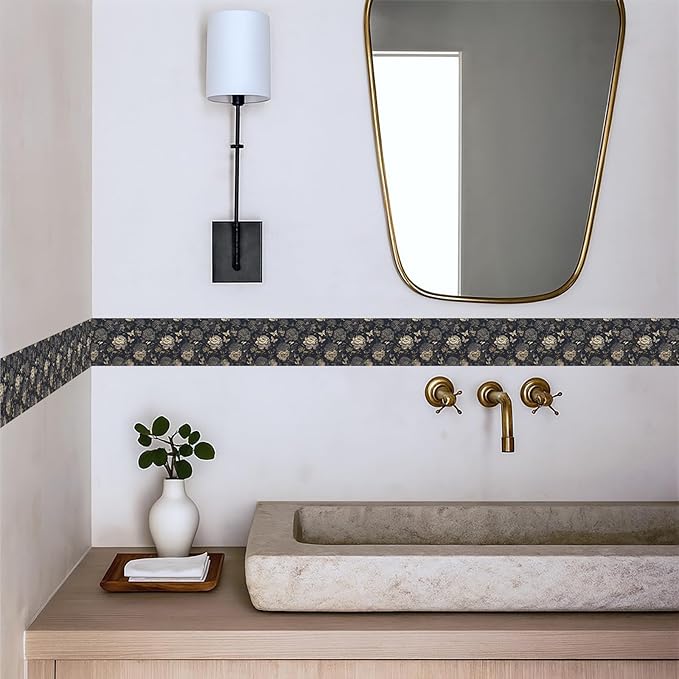 Dark Grey Vintage Floral Wallpaper Border 196x4 Inch Peel and Stick Wall Border Self Adhesive Removable Vinyl Wall Trim Elegant Rose Leaf for Kitchen Bathroom Bedroom Living Room Decor