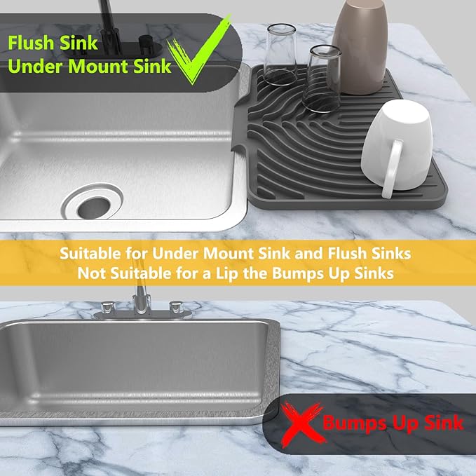 Silicone Drying Mat for Kitchen Counter , Dish Drying Rack Matt with Built in Drain, Small Dry Mats for Dishes Drying Pad for Kitchen Counter (14.6×11inch, gray)