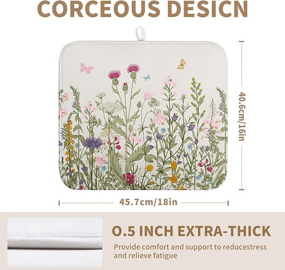 Wildflower Floral Dish Drying Mat for Kitchen Counter Vintage Rustic Flower Drying Mats Spring Summer Herb Plant Absorbent Microfiber Dishes Pad Washable Dish Draining Mat Medium 16"x18"