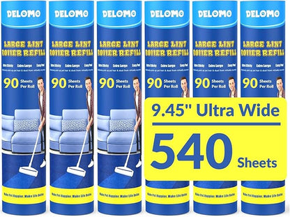 Large Lint Roller Refills: DELOMO 9.45 in Lint Roller Refill (6 Pack, 540 Sheets), Compatible Only with DELOMO Large Lint Roller, for Cleaning Floor, Carpets, Bedding, Couch, Cars, & Pet Hair