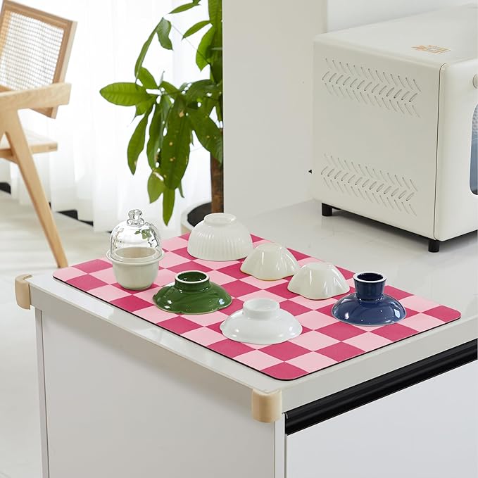 Ohocut Checkered Dish Drying Mat for Kitchen Counter, Coffee Bar Station Accessories, Retro Cute Aesthetic Modern Absorbent Drainer Mat Kitchen Drying Mat Easy Clean, Hot Pink 12" x 19"