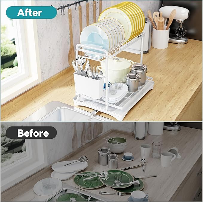Simple Trending Dish Drying Rack, 2-Tier Dish Rack for Kitchen Counter, Large Dish Drainers Sink Organizers and Storage, White