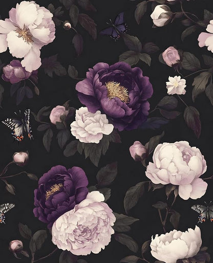 Dark Purple Floral Peelable Wallpaper, Vintage Black Botanical Flower Self Adhesive Removable Wall Paper for Bedroom Cabinet Drawer, Vinyl Retro Contact Paper Black Dark Purple 17.5In x 118In