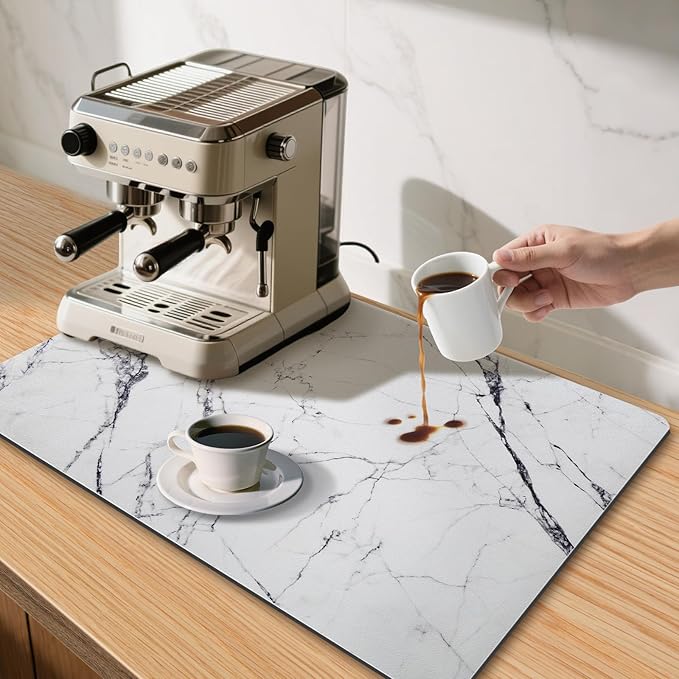 CooRug Marble Pattern Dish Drying Mat, Absorbent Coffee Bar Mat for Kitchen Counter, Non-slip Pad with Rubber Backed, Washable and Easy to Clean 12" x 20" Dark Marble
