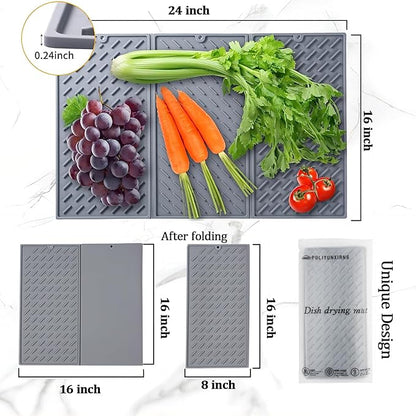 Silicone Dish Drying Mat for Kitchen Counter, Collapsible Trifold Large Dish Drainer Mat, Drying Mat with Hook, 24x16In Non-Slip Silicone Sink Mat, Easy to Clean