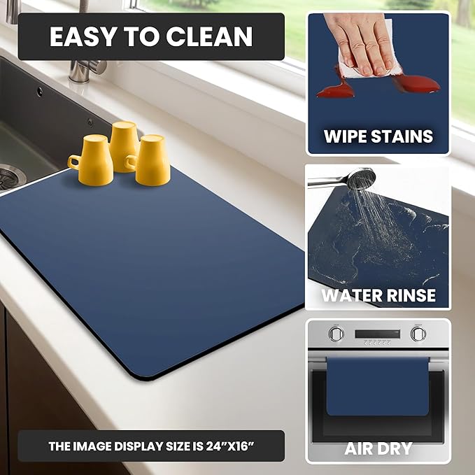 Dish Drying Mat Super Absorbent – 16" x 18" Coffee Mat for Countertops – Non-Slip Drying Mat for Kitchen Counter – Easy to Clean Water Absorbent Mat – Large Dish Drying Mats (Navy Blue)