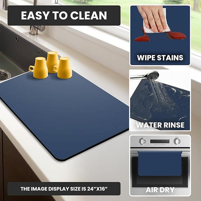 Dish Drying Mat Super Absorbent – 16" x 18" Coffee Mat for Countertops – Non-Slip Drying Mat for Kitchen Counter – Easy to Clean Water Absorbent Mat – Large Dish Drying Mats (Navy Blue)