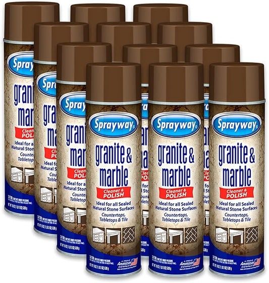 Sprayway Granite & Marble Cleaner Aerosol Spray 19oz, Pack of 12 | Foaming Action, Removes Grease, Oil, Fingerprints | Ideal for Sealed Natural Stone Surfaces, Countertops, Tabletops, Tile