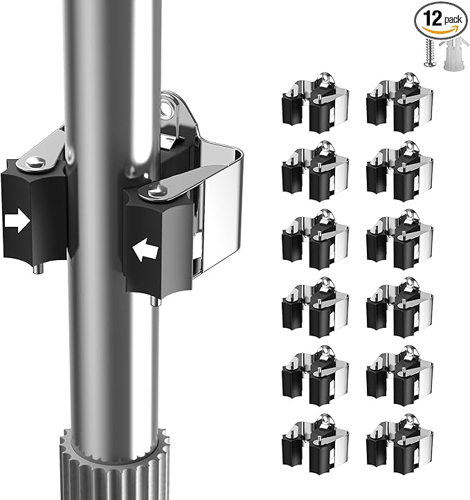 Broom Holder Wall Mount, 12 Pack Single Metal Mop Clips & Gripper, Wall Mounted Hanger with Star-Shaped Rollers and Nickel Plated Brackets for Garden Tools Storage