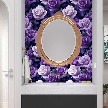 Extra Long Purple Floral Wallpaper Peelable, 17.5In x 32.7Ft Vintage Dark Purple Rose Wallpapers, Romance Removable Vinyl Contact Paper for Bathroom Bedroom Living Room Drawer Bookshelf Plum