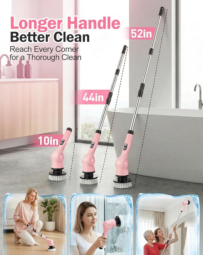 Electric Spin Scrubber, 3-Speed Cordless Shower Scrubber with 90° Adjustable & 10 Replaceable Brush Heads, 90 Mins Runtime & Full-Body IPX7 Waterproof Shower Cleaner Brush with Long Handle