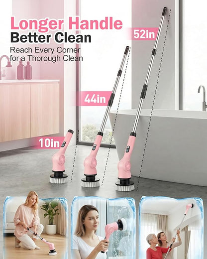 Electric Spin Scrubber, 3-Speed Cordless Shower Scrubber with 90° Adjustable & 10 Replaceable Brush Heads, 90 Mins Runtime & Full-Body IPX7 Waterproof Shower Cleaner Brush with Long Handle