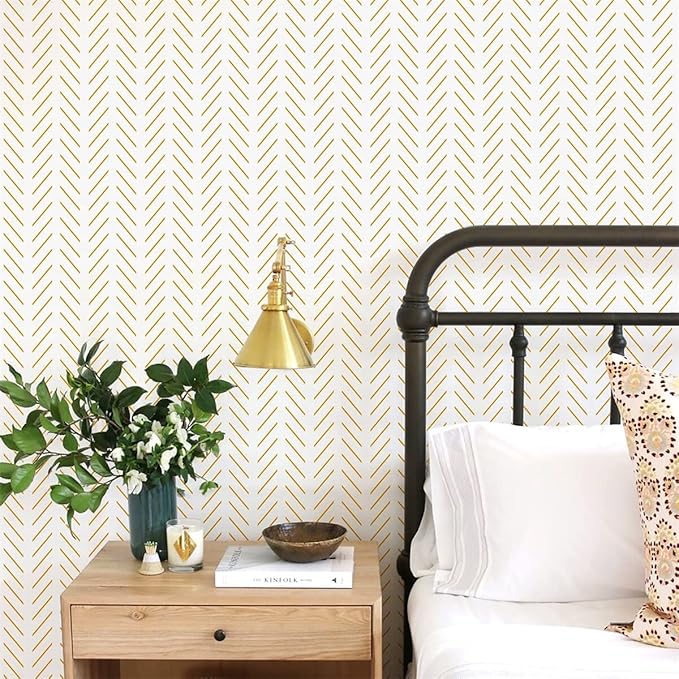 Orainege Yellow and White Peel and Stick Wallpaper Yellow Contact Paper 17.7 in x393.7 in Herringbone Geometric Wall Paper Peel and Stick Modern Lines Decorative Self Adhesive Wallpaper for Bedroom