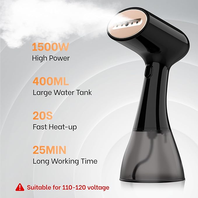GS01 Steamer for Clothes, clothes steamer handheld with Ultra Large 400ml Water Tank, 1500W High Power, 20S Fast Heat-up,Wrinkle Remover,Portable Handheld Design Travel Steamer