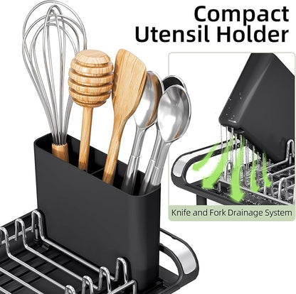 Small Dish Drying Rack, Mini Expandable Compact Dish Rack, Slim Extendable Stainless Steel Dish Drainer for Kitchen Plate Storage, Space Saving Dish Strainer in Sink or on Home Countertop, Matte Black