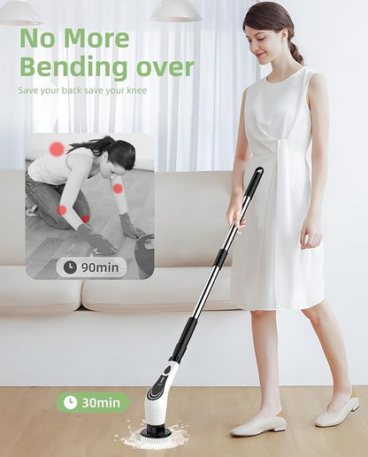 Electric Spin Scrubber, Cordless Power Scrubber with Replaceable Brush Heads, 2-Speed Adjustable Handle Floor Machine Pads, IPX7 Waterproof Shower Scrubber for Bathroom, Tile, Tub, Teens, White-qe1