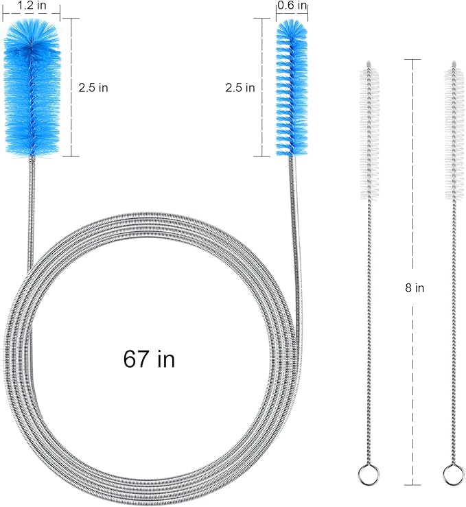 Flexible Long Drain Brush, Double Elastic Ended Nylon Cleaner Hose Tube Pipe Brush 67 inch Stainless Steel and 2 Pcs of 8 inch Straw Cleaning Brush (Blue)