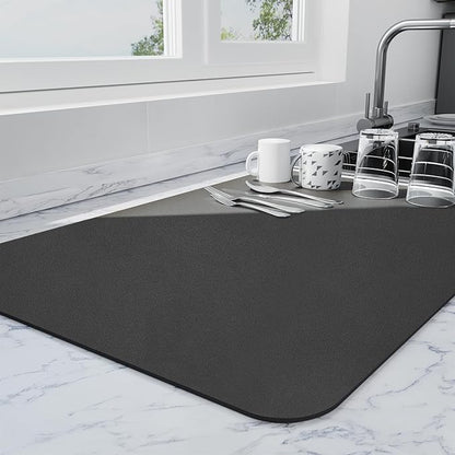Ecotrim - Dish Drying Mat for Kitchen Counter | Coffee Bar Mat for Countertops | Heat Resistant Drainer Mat with Non-slip Rubber Backed | Hide Stain Kitchen Absorbent Draining Mat | Black 18"x32"