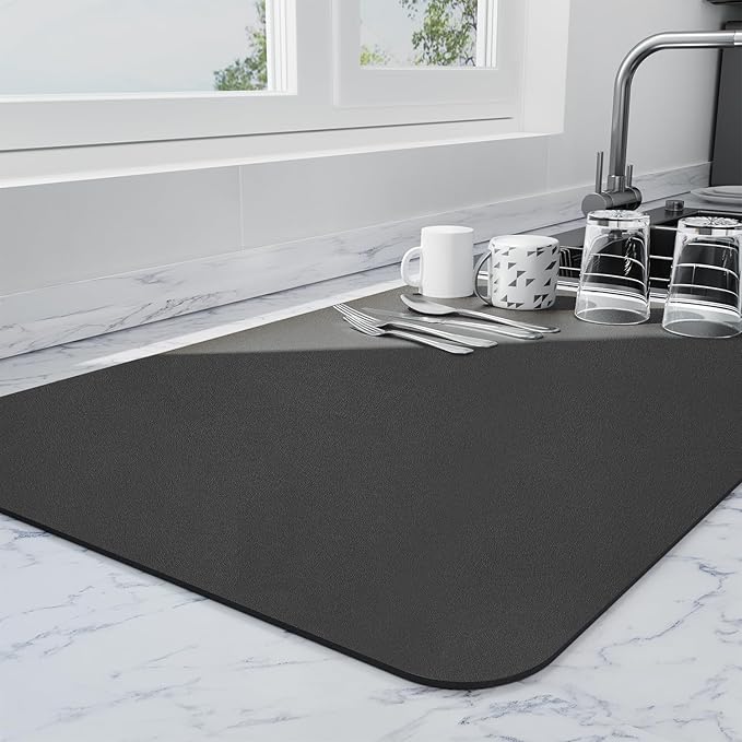 Ecotrim - Dish Drying Mat for Kitchen Counter | Coffee Bar Mat for Countertops | Heat Resistant Drainer Mat with Non-slip Rubber Backed | Hide Stain Kitchen Absorbent Draining Mat | Black 18"x24"