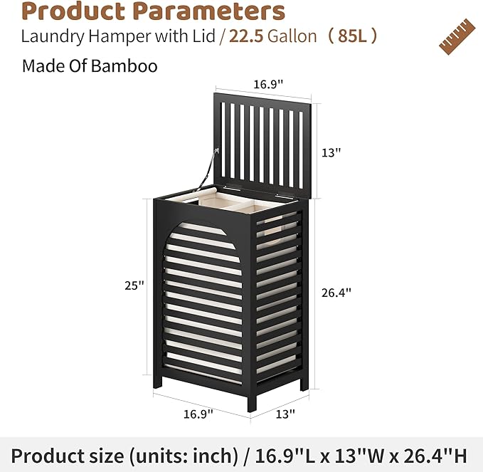 FILWH Laundry Hamper with Lid (16.9 * 13 * 26.5inches) Large Bamboo Laundry Bin Basket 85L Clothes Hamper with 1 Removable Bag Storage baskets for Bathroom(Black)