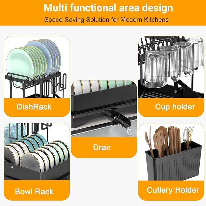 Large Dish Drying Rack 2 Tier for Kitchen Counter, Anti-Rust Metal Dish Rack with Lock & Lift System & Retractable Auto-Drain Spout, Escurridor de Platos with Cutting Board and Utensil Holder