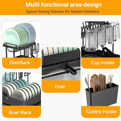 Large Dish Drying Rack 2 Tier for Kitchen Counter, Anti-Rust Metal Dish Rack with Lock & Lift System & Retractable Auto-Drain Spout, Escurridor de Platos with Cutting Board and Utensil Holder