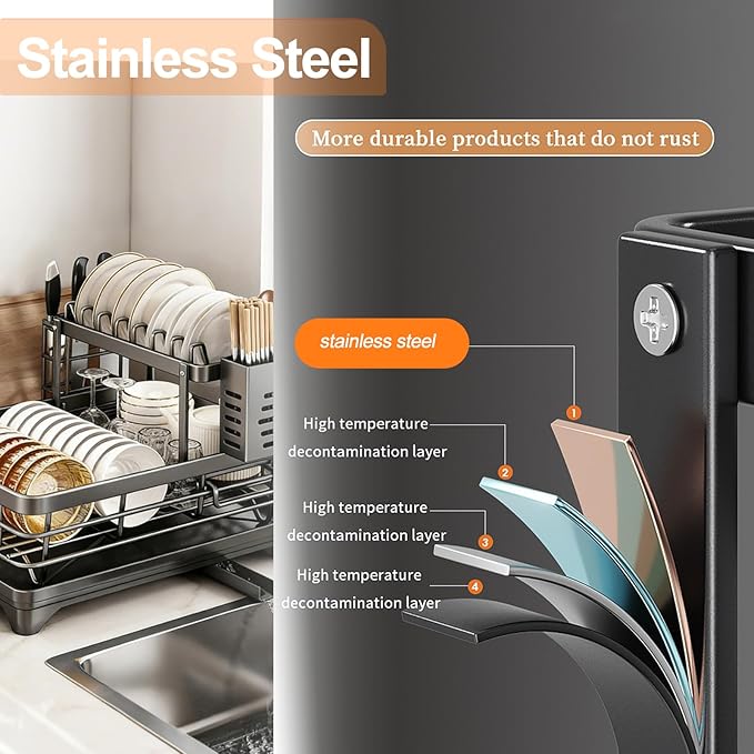 2-Tier Stainless Steel Dish Drying Rack with Drainboard - Utensil & Cutting Board Holder, Kitchen Counter Organizer Dish Drainer for Plates Bowls Cups Silverware, Space-Saving Functional, Matte Black